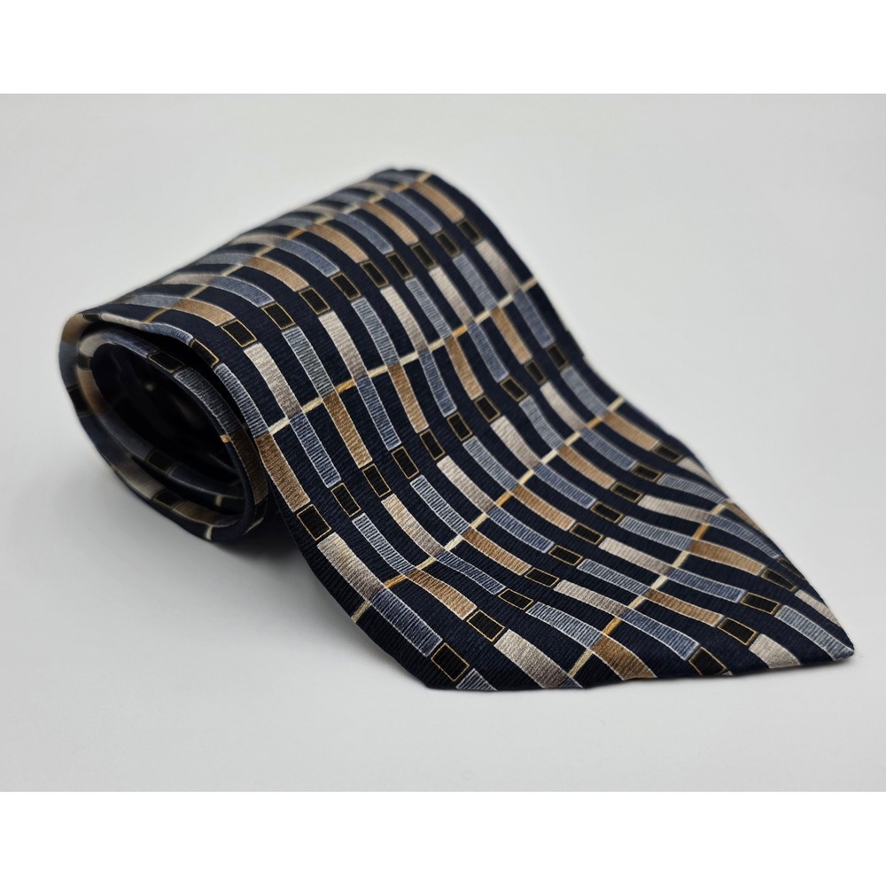 Milano Uomo Silk Tie Geometric Pattern Navy Blue Gold‎ Gray Men's Necktie